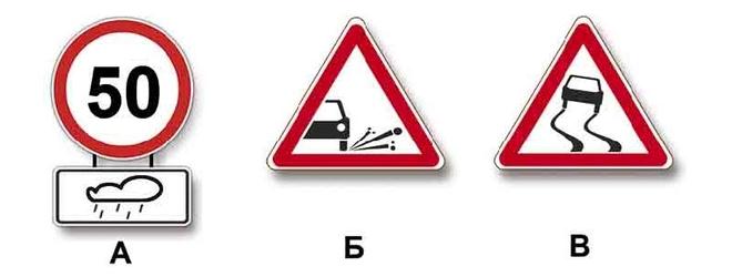 Билет №10, вопрос №2: Какие из указанных знаков распространяют свое действие только на период времени, когда покрытие проезжей части влажное?